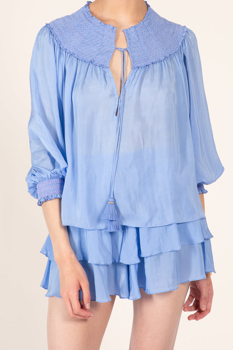 Persian Blue blouse – Blouse Ysee by Poupette St Barth, front view with smocked yoke and tie neck