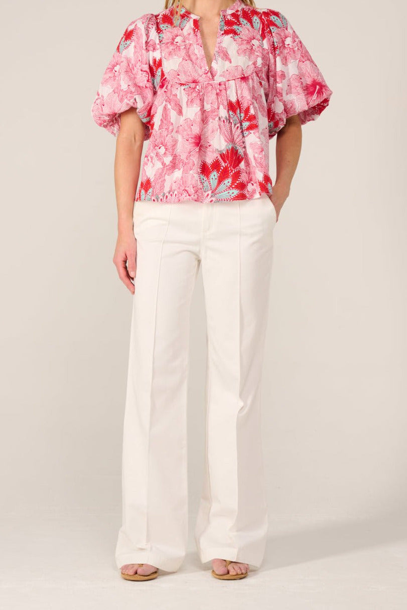 Pink Padang blouse – Blouse Flores by Poupette St Barth, full-length front view styled with white trousers