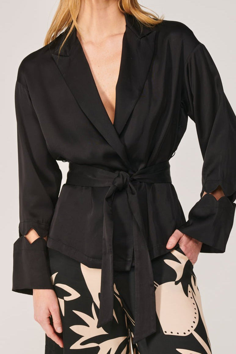 Black Poupette St Barth Jacket June cover-up in viscose satin, shown on a model with a relaxed fit and elegant design.