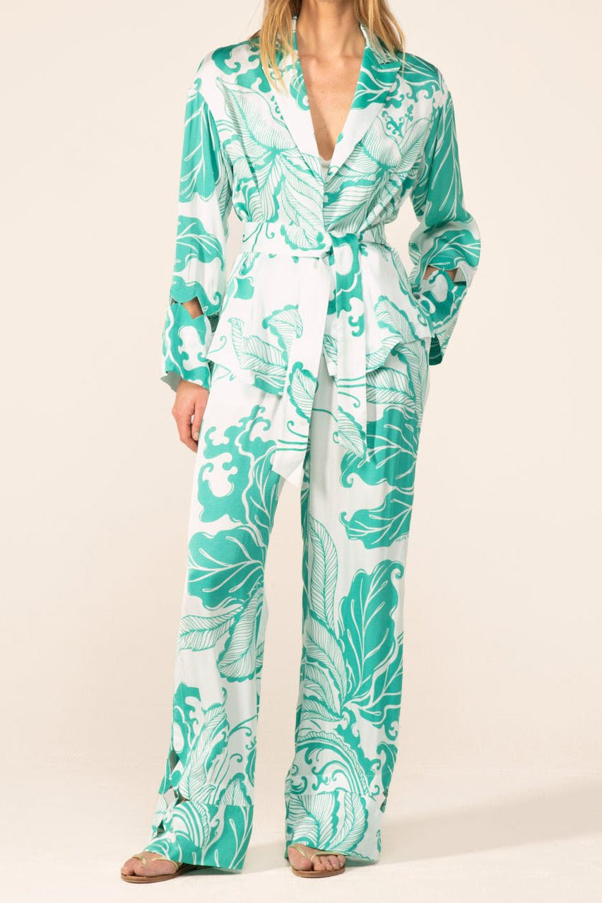 Poupette St Barth June Green Reef Wave cover-up jacket in silky viscose satin, showcasing a relaxed fit and vibrant green color.