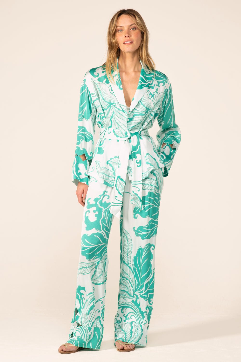 Green Reef Wave jacket – Jacket June by Poupette St Barth, styled with the matching printed trousers