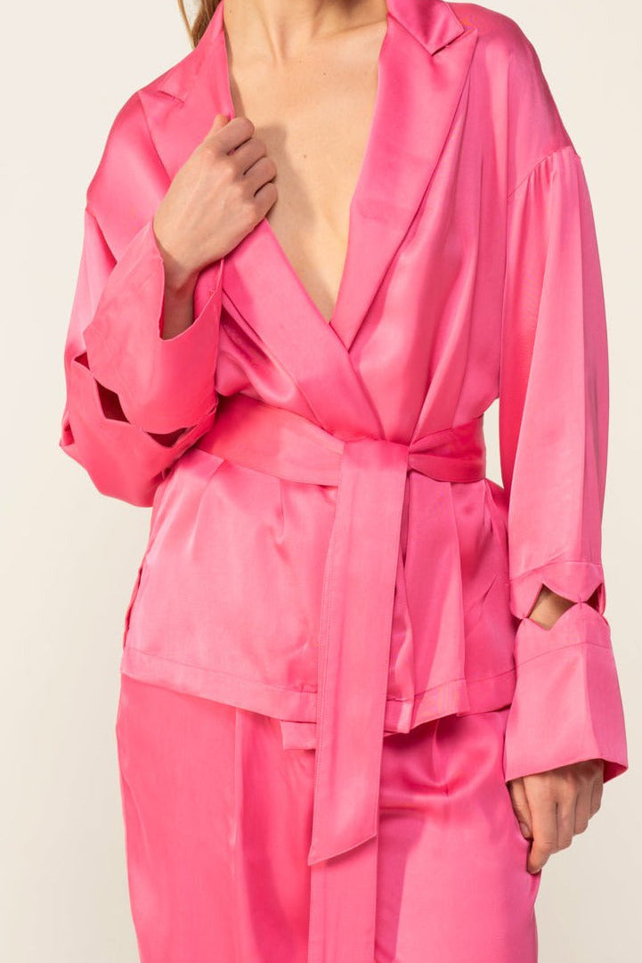 Poupette St Barth June cover-up jacket in Raspberry Sorbet, lightweight viscose satin fabric, plain design, XS size.