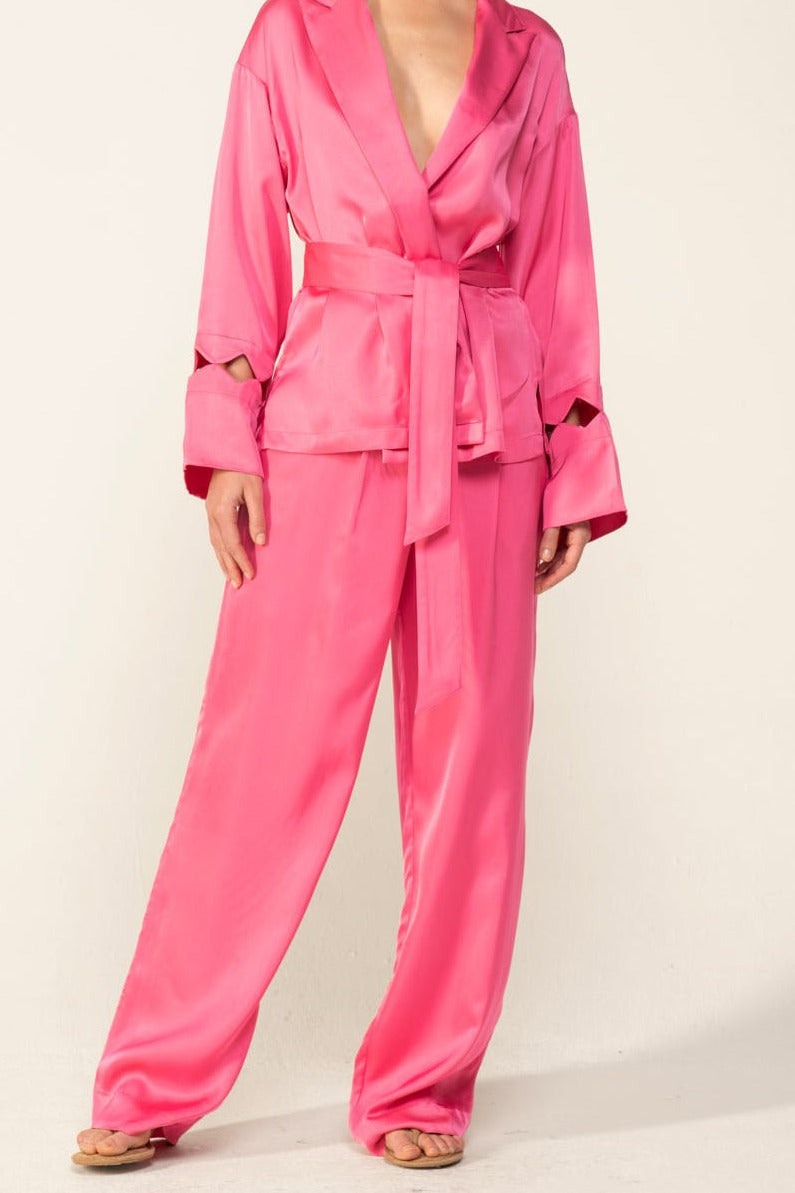 Poupette St Barth June cover-up jacket in Raspberry Sorbet satin, lightweight and plain design, XS size with a relaxed fit.