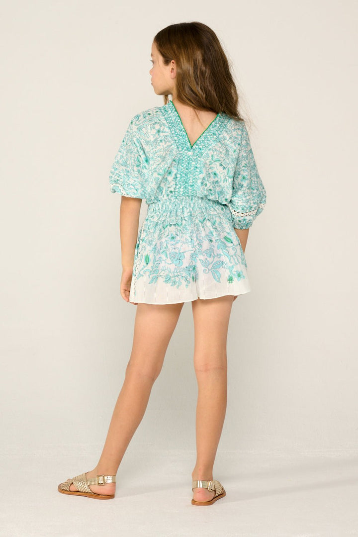 Girls' aqua short jumpsuit by Poupette St Barth, featuring a comfortable fit and stylish design, ideal for warm weather.