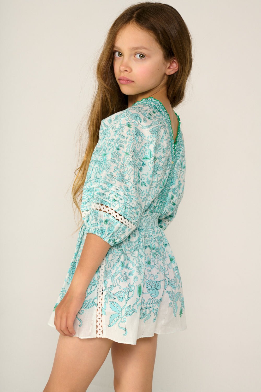 Girls' short aqua jumpsuit by Poupette St Barth, Chantal style, featuring a lightweight, casual design perfect for warm weather.