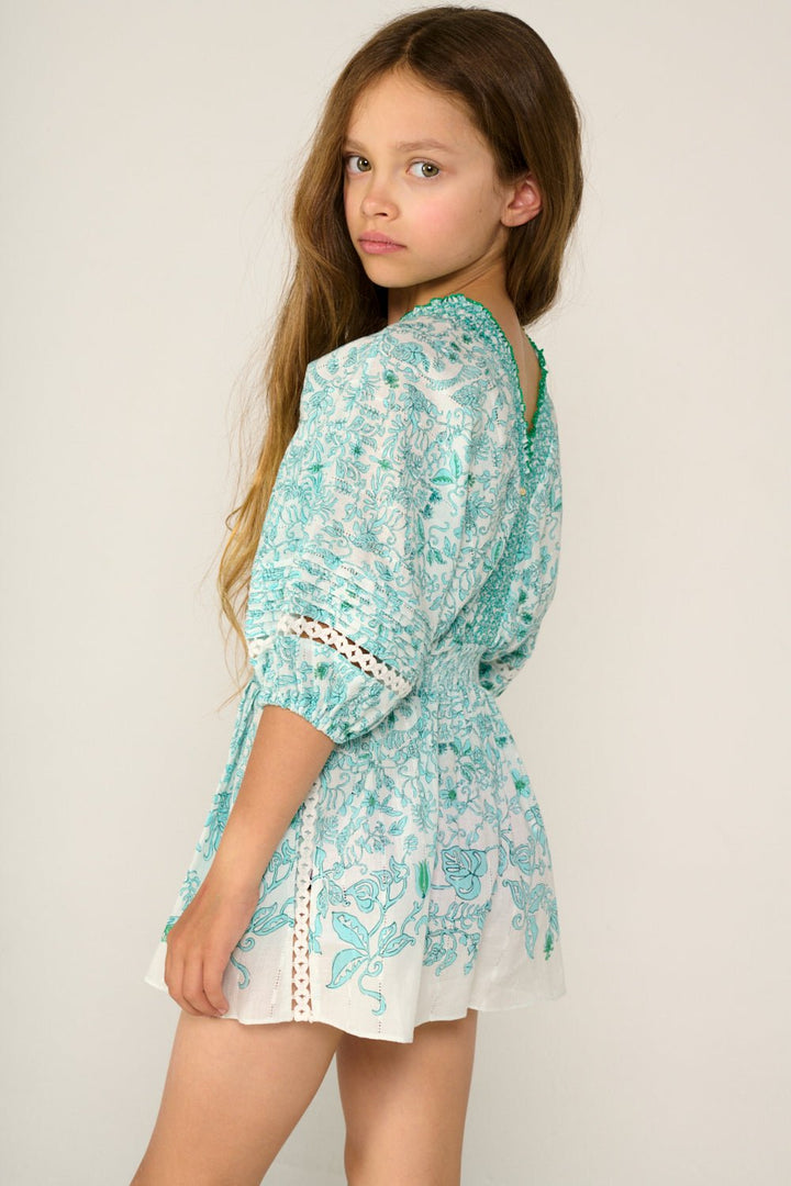 Girls' short aqua jumpsuit by Poupette St Barth, Chantal style, featuring a lightweight, casual design perfect for warm weather.