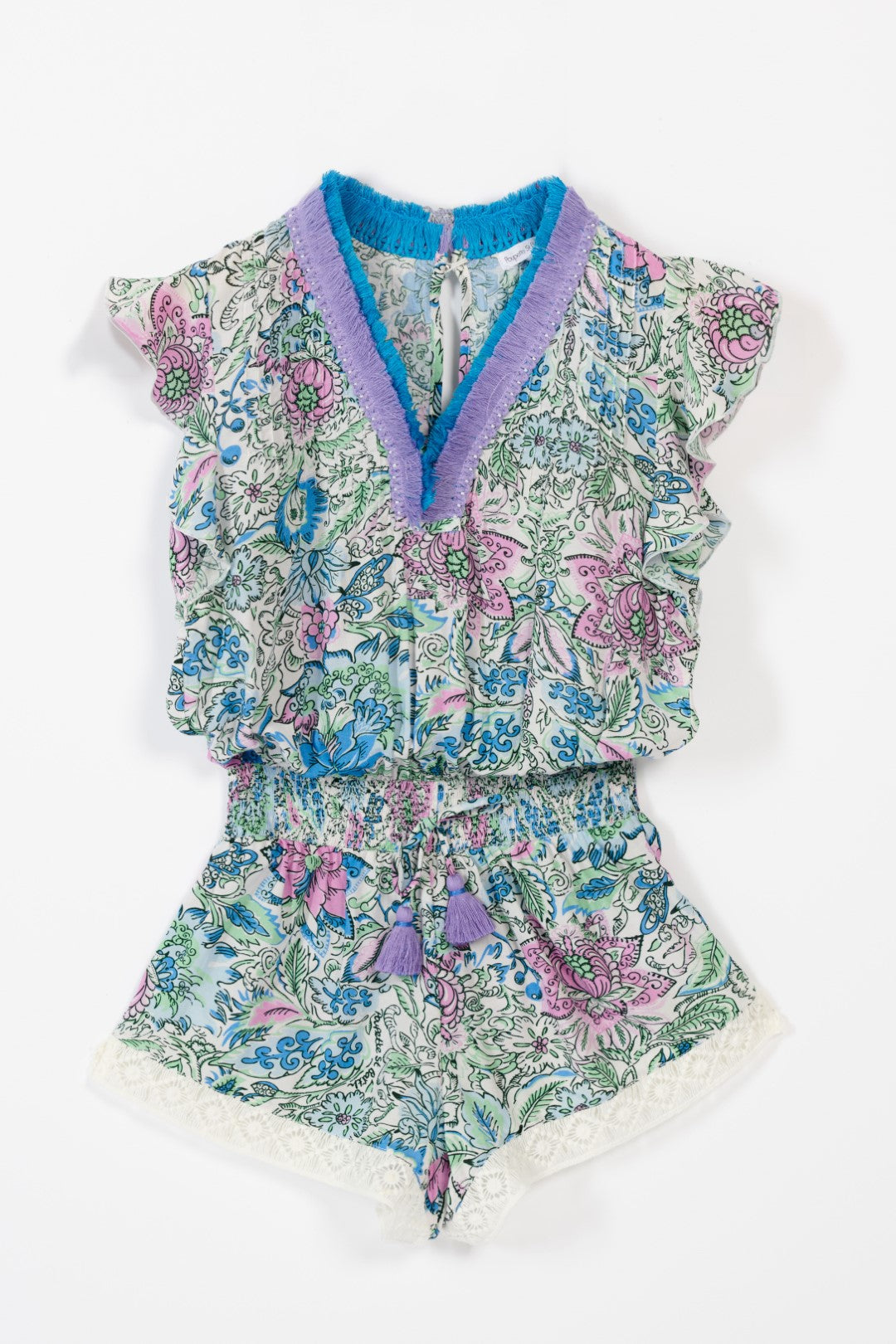 Girls' Blue Nusa jumpsuit – Short Jumpsuit Sasha by Poupette St Barth, flat lay showing V-neck trim and lace hem