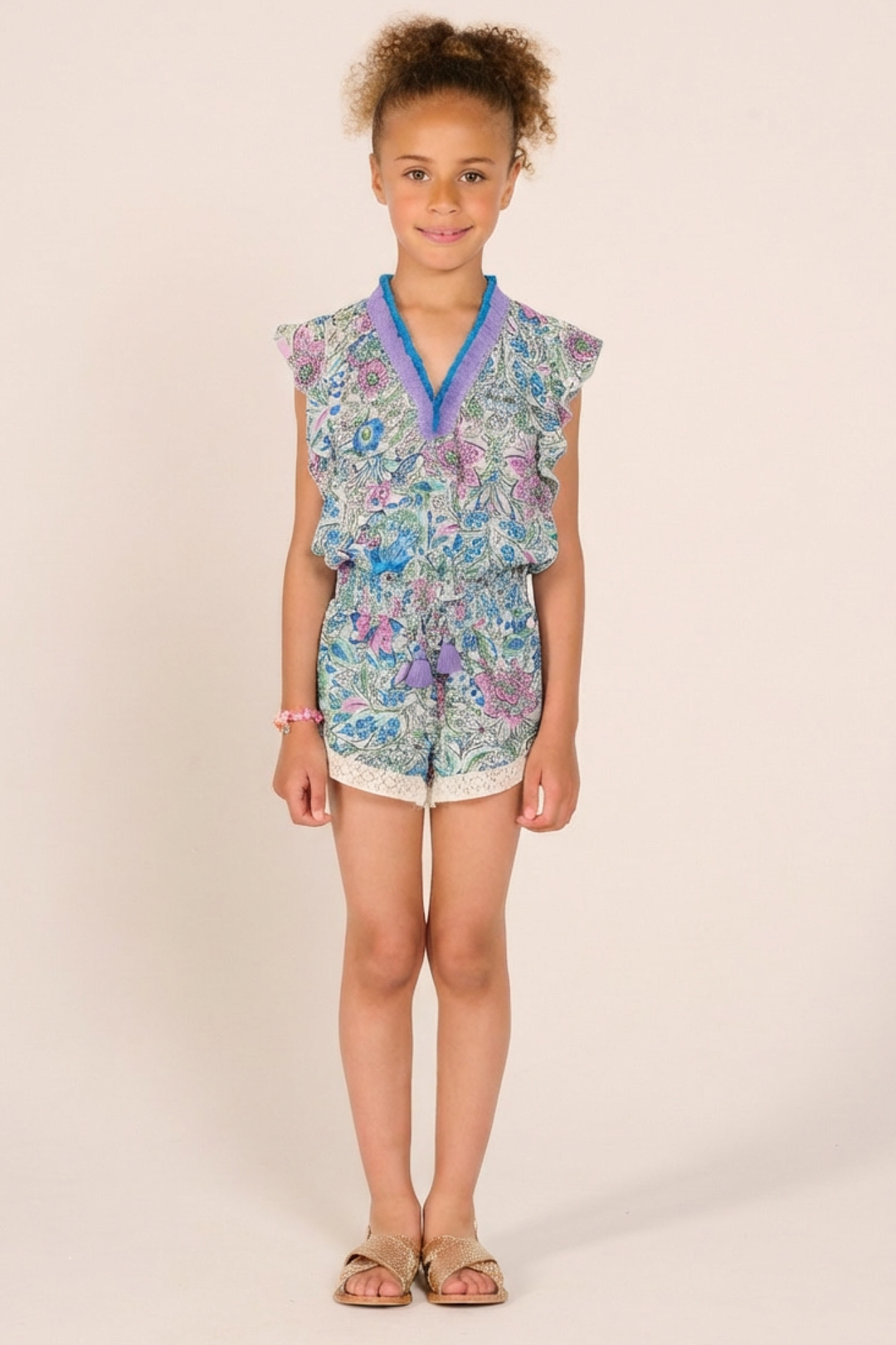 Girls' Blue Nusa jumpsuit – Short Jumpsuit Sasha by Poupette St Barth, front view