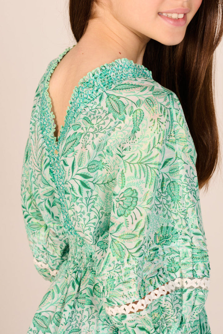 Green Palmarosa cotton short jumpsuit for girls by Poupette St Barth, featuring a metallic finish and comfortable fit.