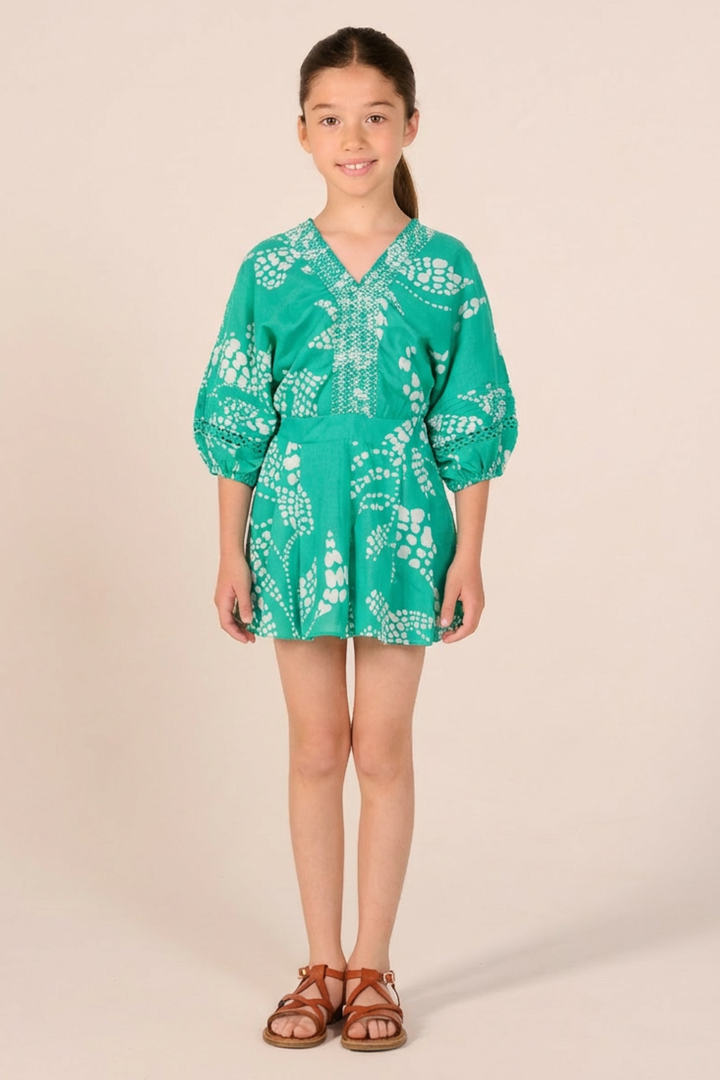 Girls' mint short jumpsuit by Poupette St Barth, Chantal style, featuring a comfortable, stylish design for kids.