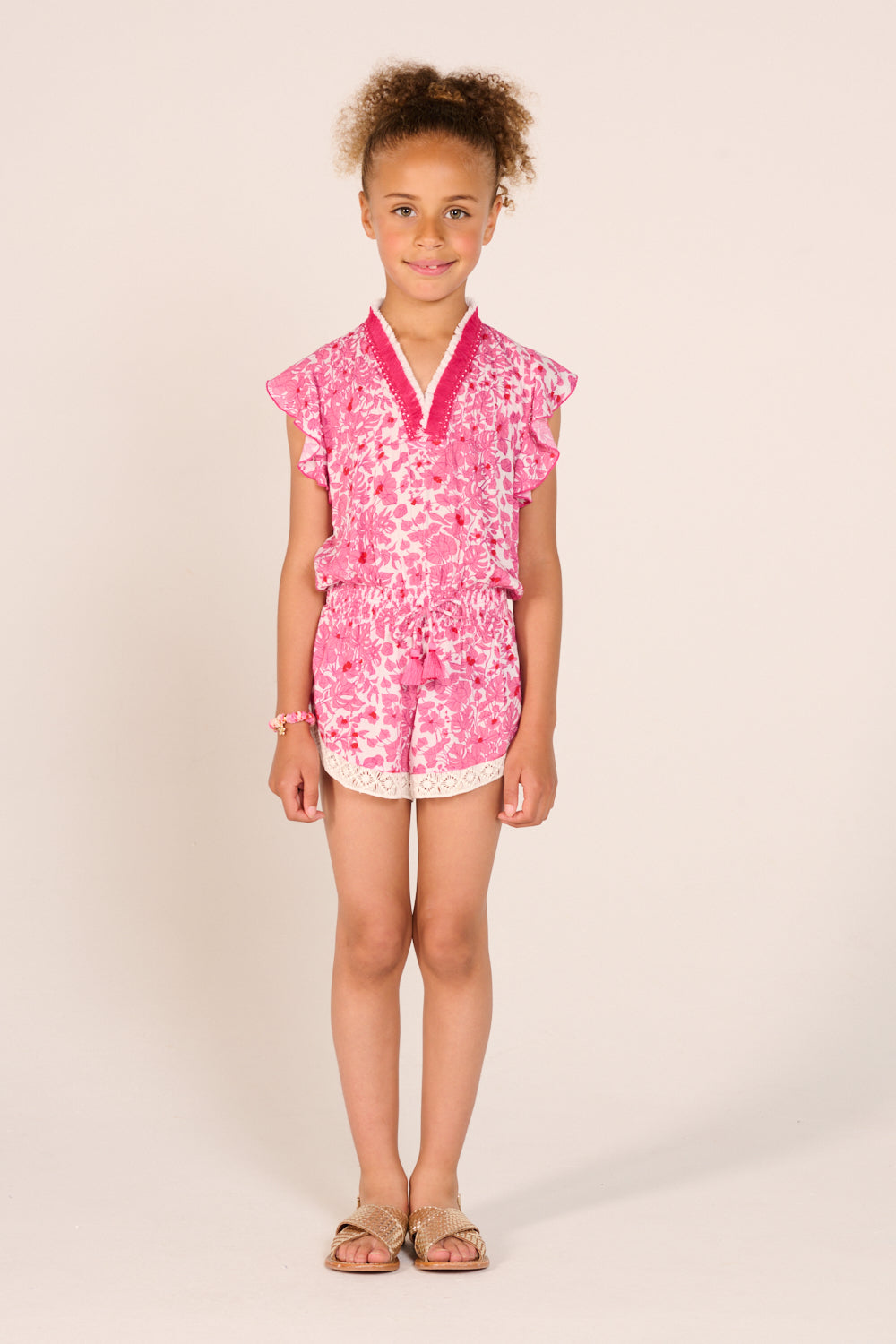 Girls' Pink Aquaflora jumpsuit – Short Jumpsuit Sasha by Poupette St Barth, front view