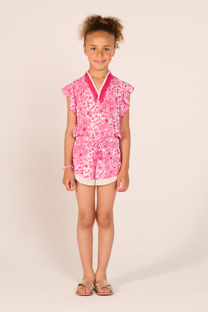Girls' Pink Aquaflora jumpsuit – Short Jumpsuit Sasha by Poupette St Barth, front view