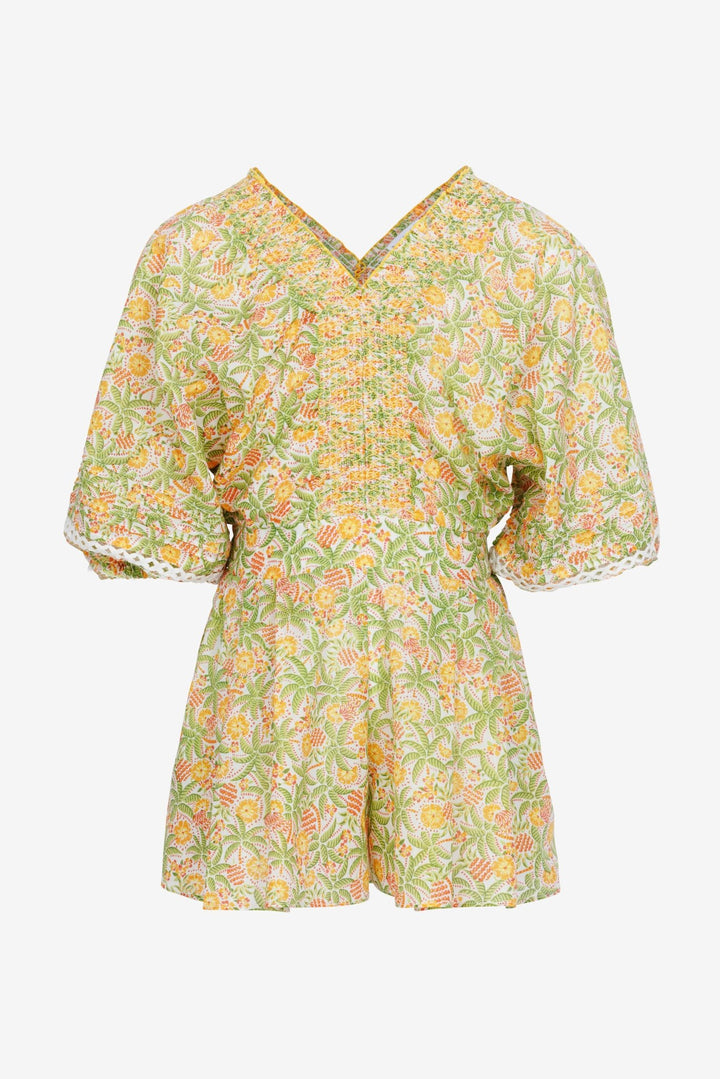 Kids yellow short jumpsuit by Poupette St Barth, featuring a playful design perfect for warm weather.