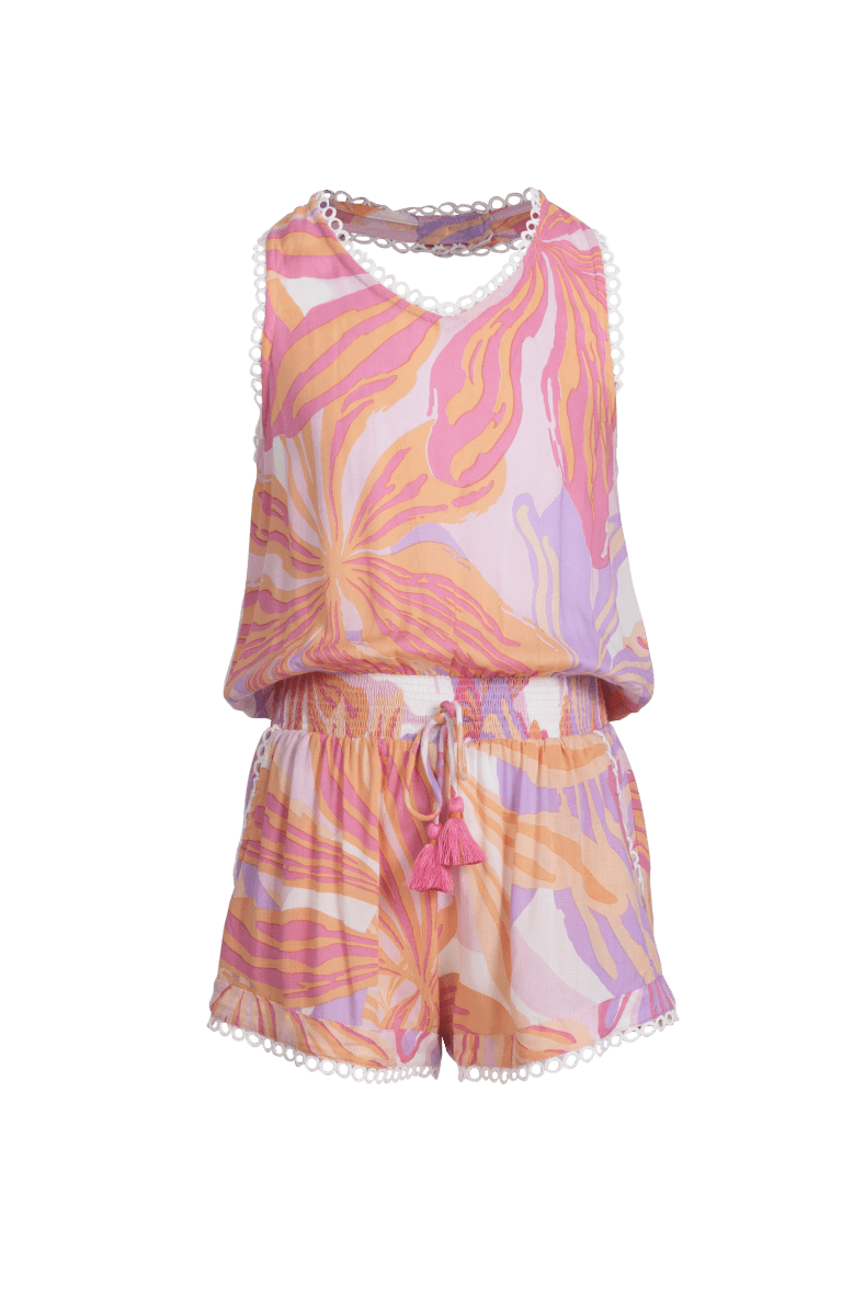 Girls' Pink Seaweed jumpsuit – Short Jumpsuit Beth by Poupette St Barth, front view