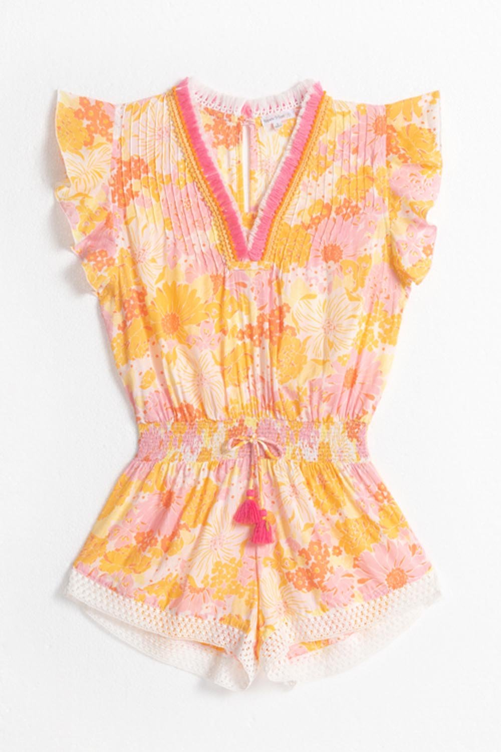 Girls' Yellow Flower Mix jumpsuit – Short Jumpsuit Sasha by Poupette St Barth, front view
