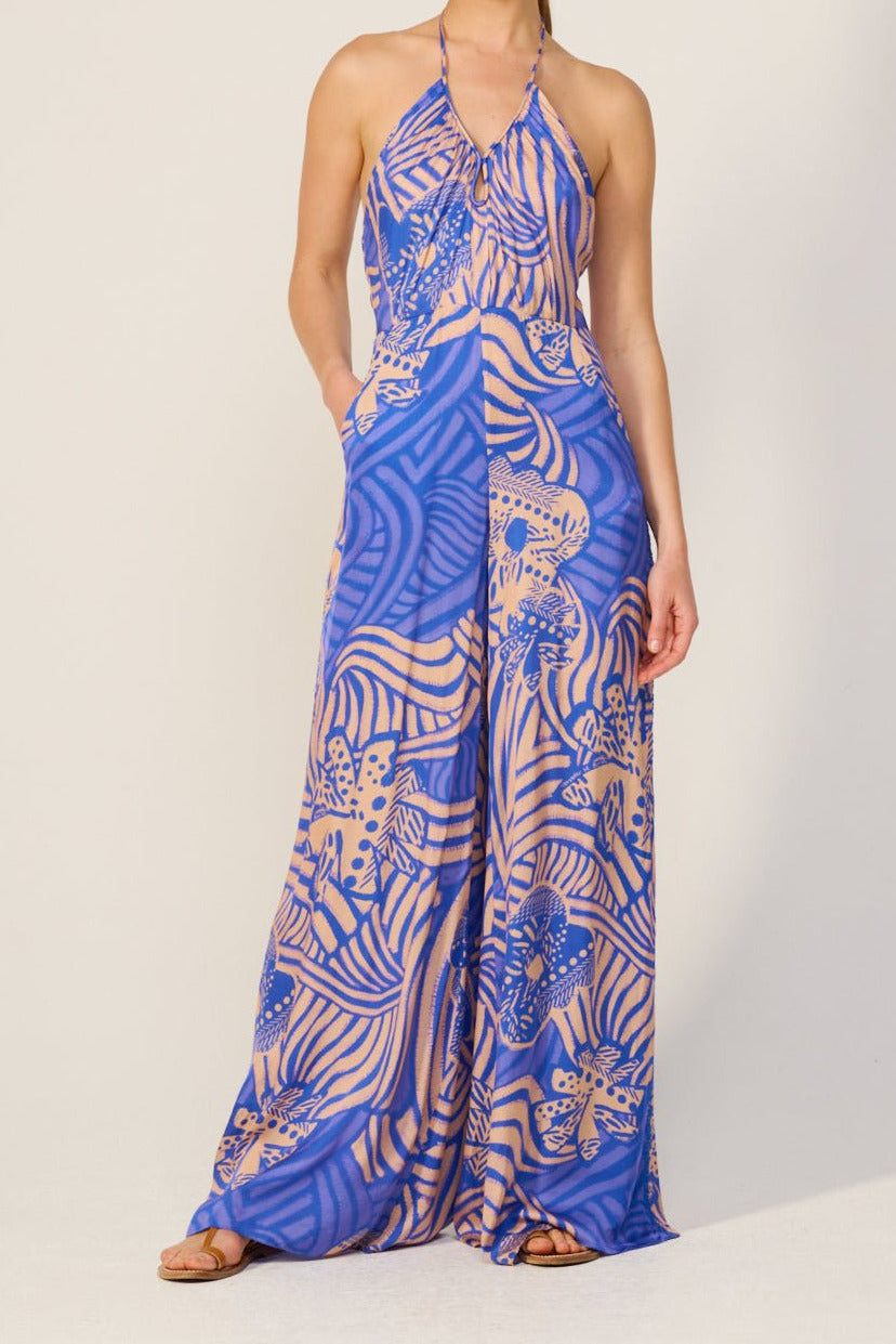 Blue viscose satin long jumpsuit Cilia by Poupette St Barth featuring a relaxed fit and elegant design.