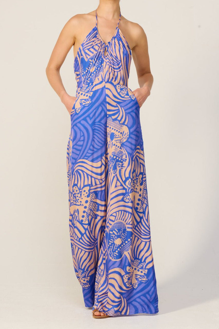Blue viscose satin long jumpsuit Cilia by Poupette St Barth from the Long Jumpsuit Cilia Blue Japonism collection.