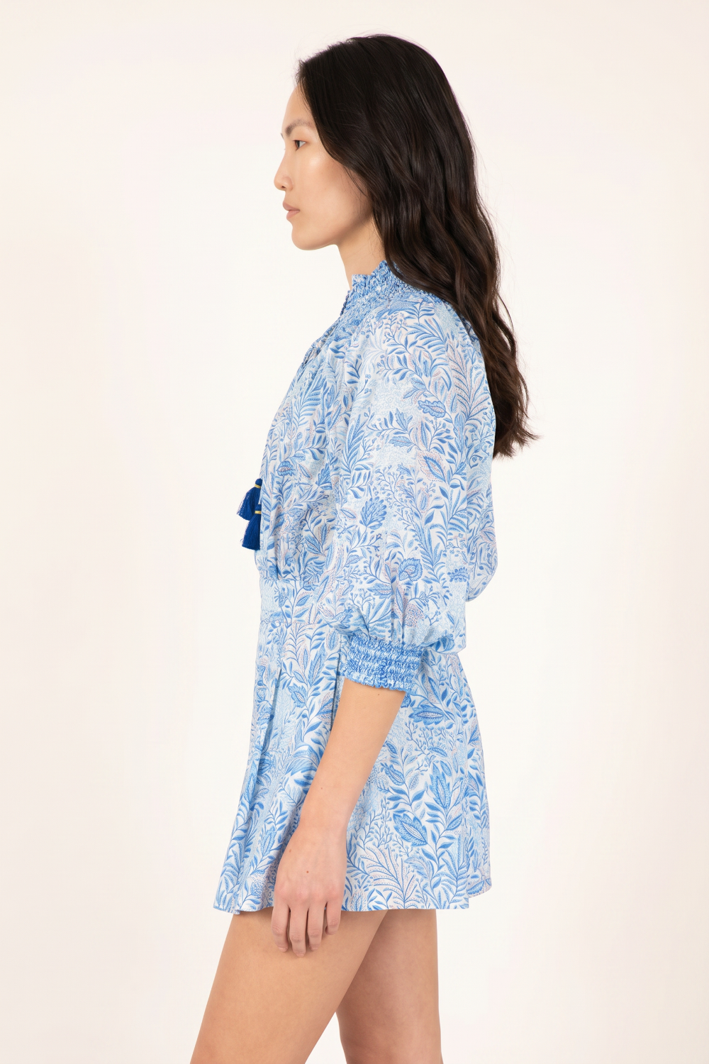 Blue Short Jumpsuit Janna by Poupette St Barth, featuring a relaxed fit and tropical palm print, perfect for warm weather.