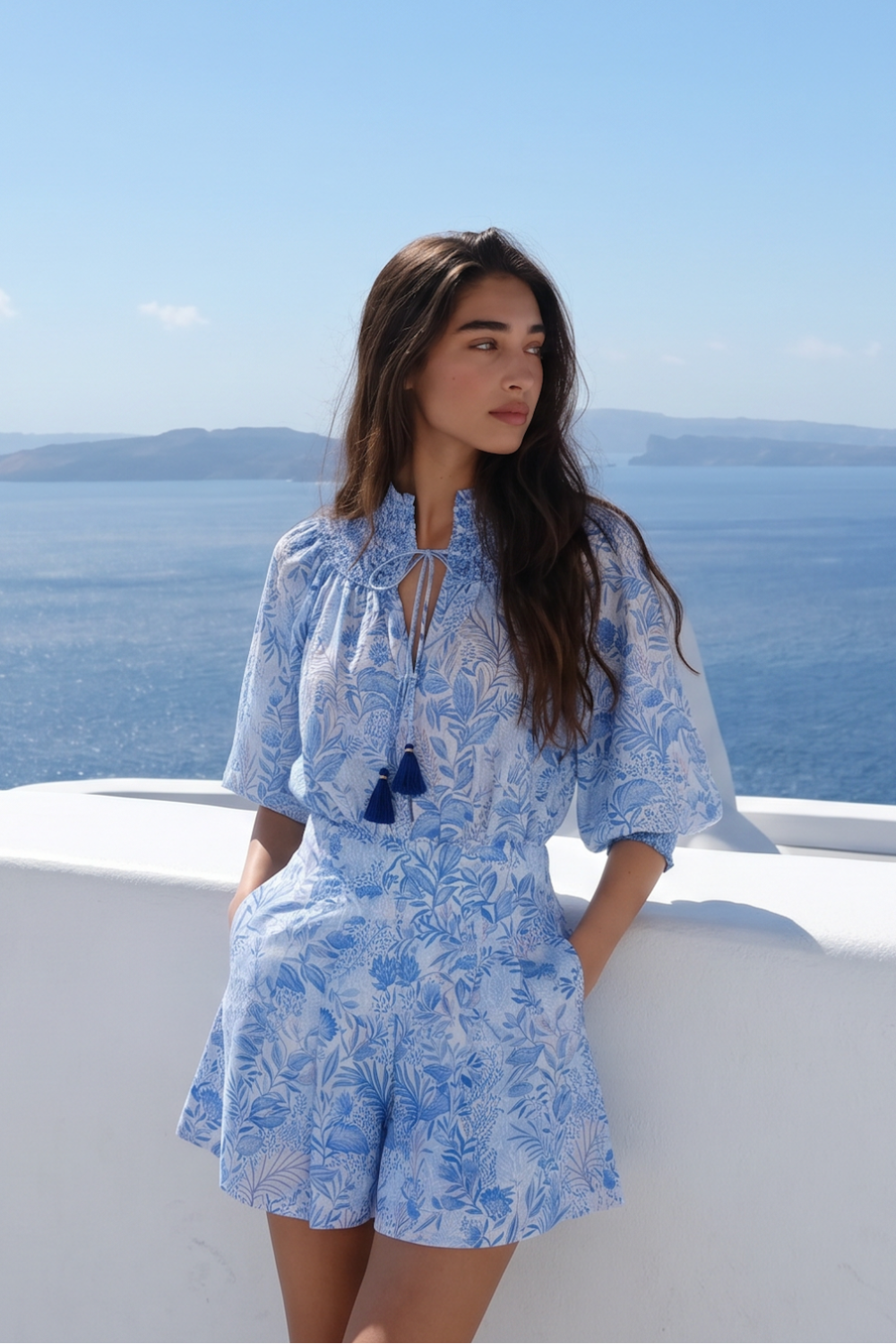 Blue Palmarosa Short Jumpsuit Janna by Poupette St Barth featuring a relaxed fit and tropical print fabric.