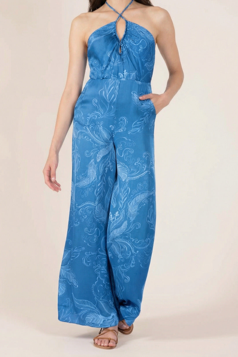 Blue Reef Long Jumpsuit Cilia by Poupette St Barth featuring a satin viscose fabric, fitted silhouette, and elegant design.