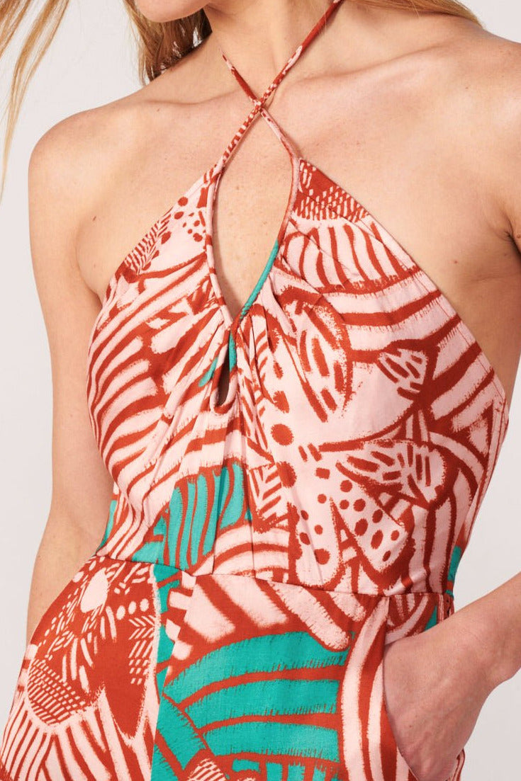 Poupette St Barth Long Jumpsuit Cilia in Brick Japonism with viscose satin fabric, cropped view highlighting stylish design.