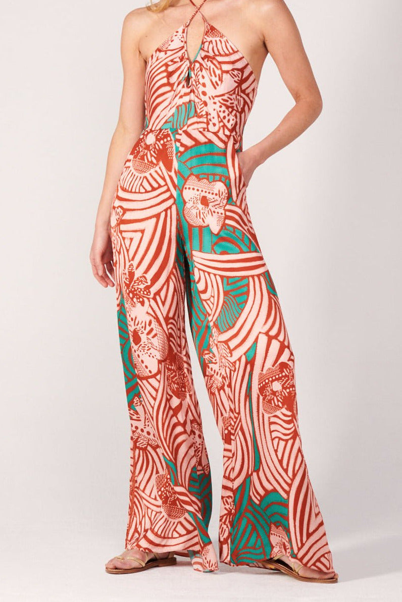 Long Brick Japonism Jumpsuit Cilia by Poupette St Barth, made of silky viscose satin, featuring a sleek, elegant design.
