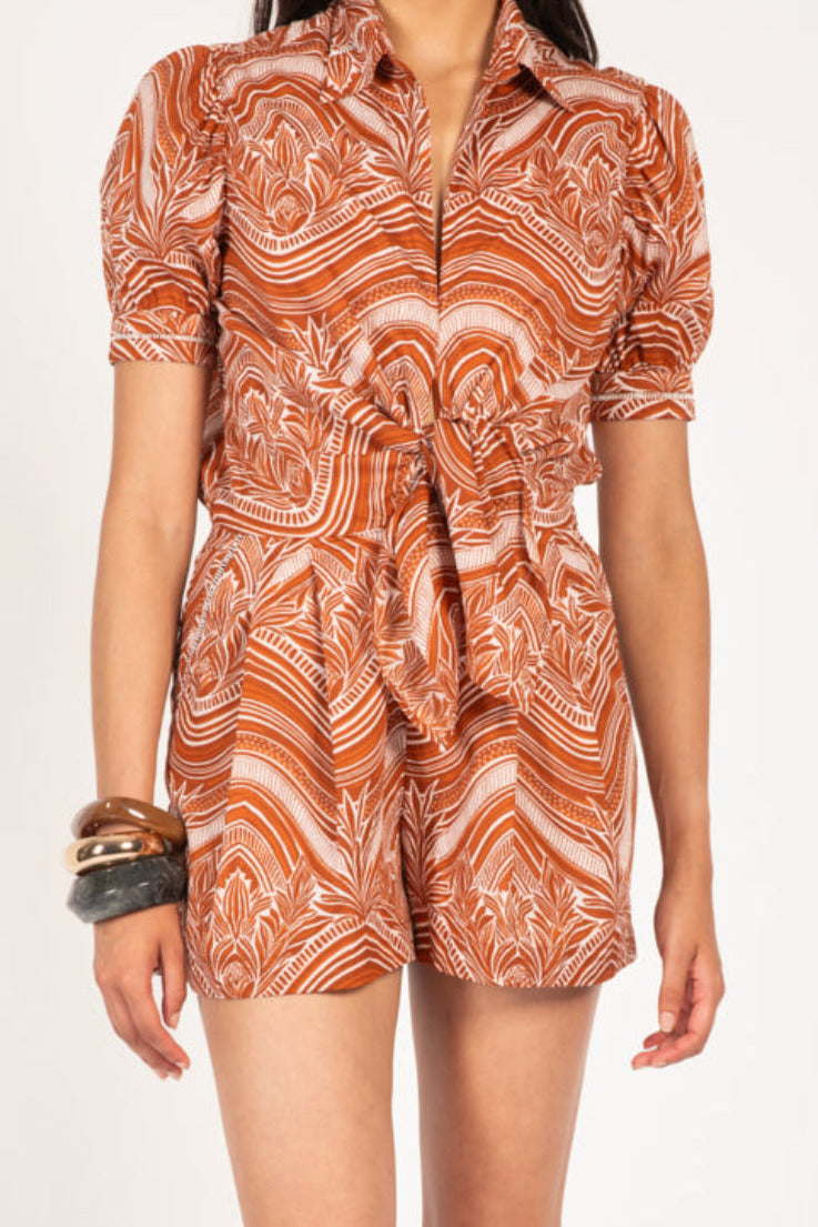 Poupette St Barth Short Jumpsuit Livia in Choco Moryana, made of cotton, showcasing a stylish, casual jumpsuit design.