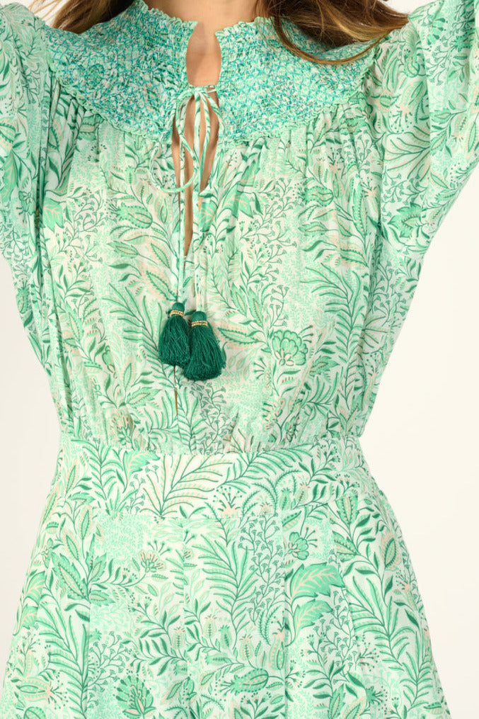 Green cotton mousseline short jumpsuit Janna by Poupette St Barth featuring a relaxed fit and stylish design.