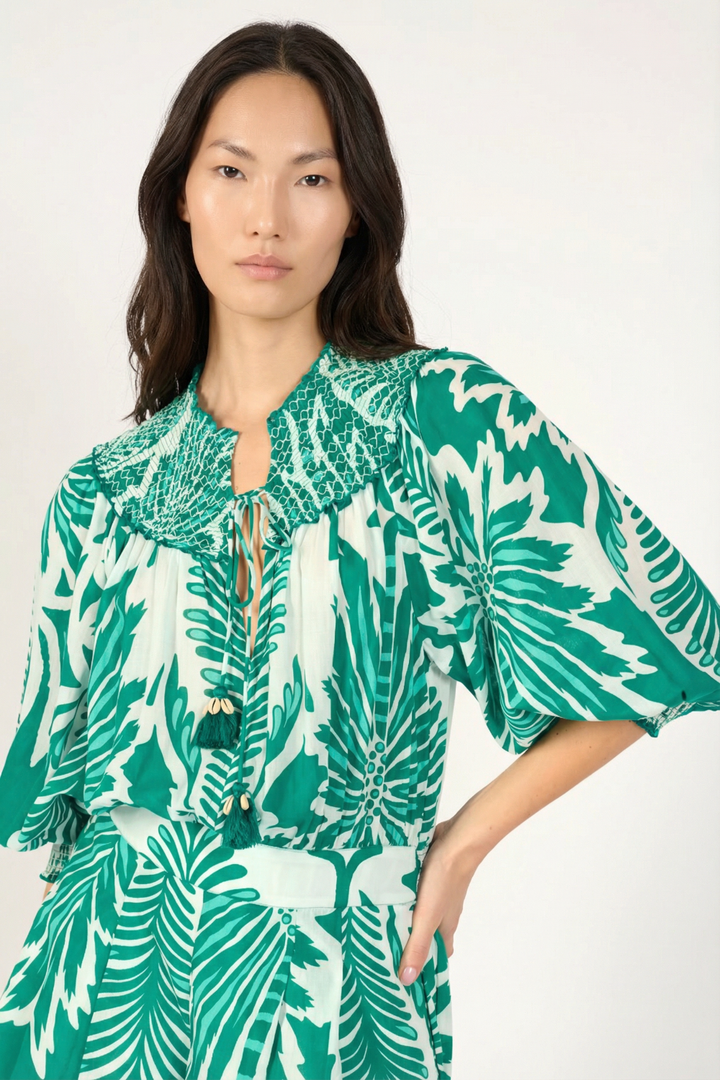 Mint green Short Jumpsuit Janna by Poupette St Barth, front view showing lightweight fabric and stylish fit.