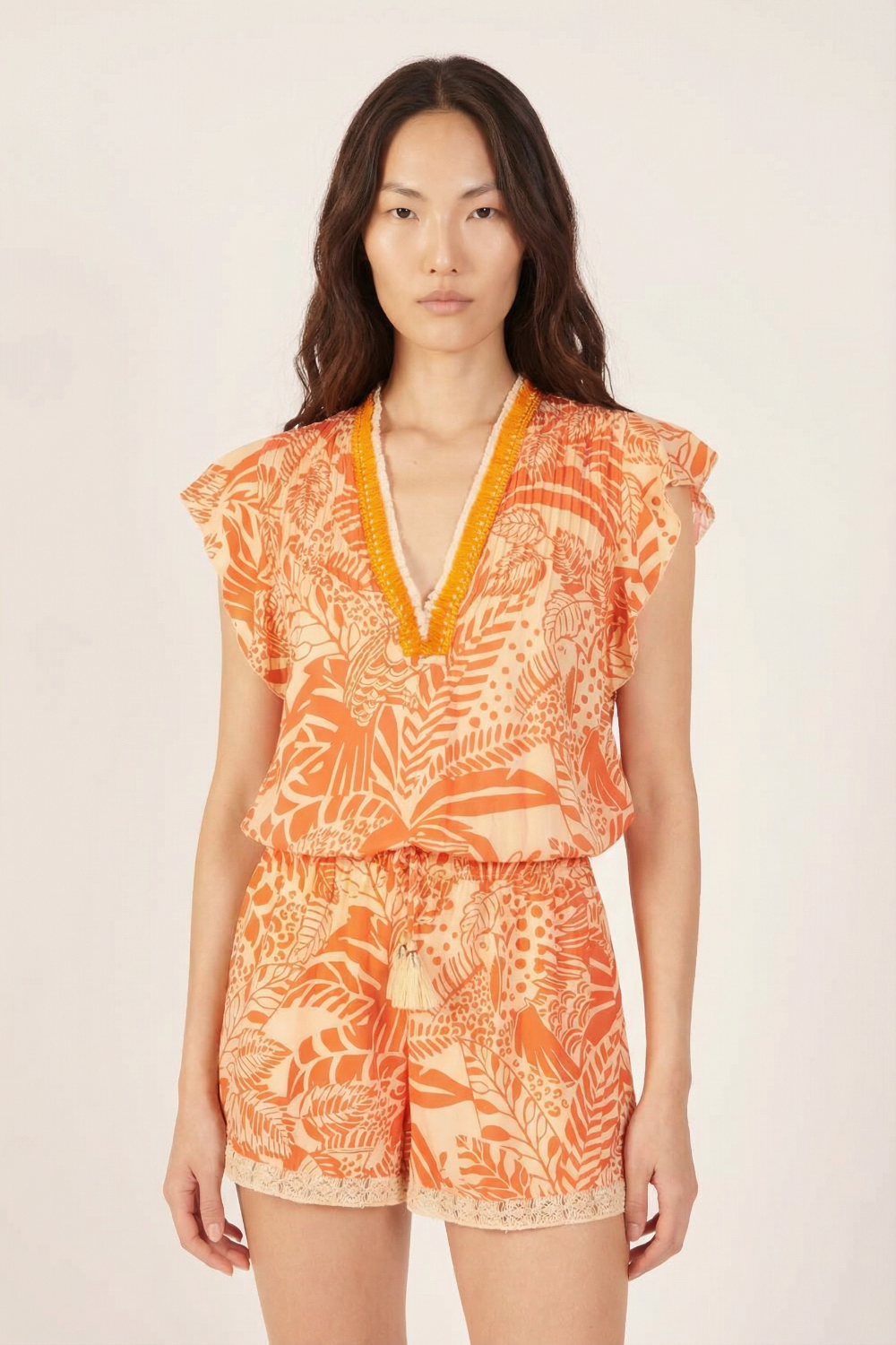 Orange Toucan jumpsuit – Short Jumpsuit Sasha by Poupette St Barth, front view