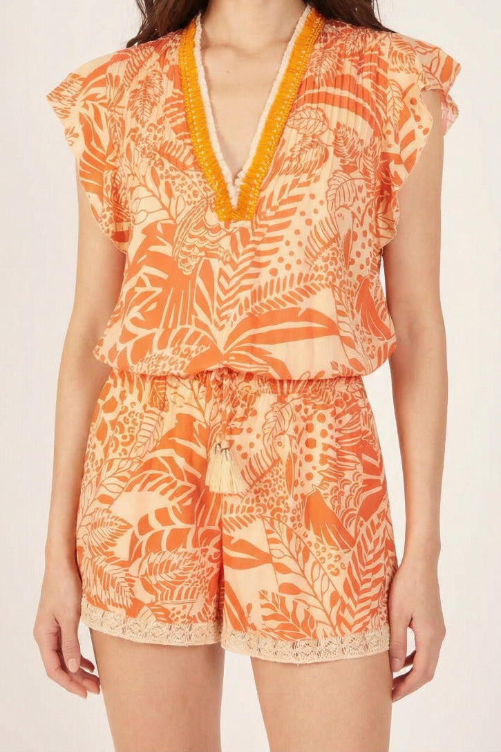 Orange short jumpsuit Sasha by Poupette St Barth featuring a relaxed fit, Viscose fabric, with a tropical Toucan print.