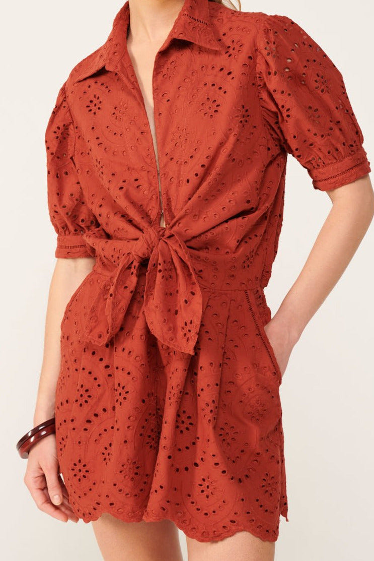 Paprika jumpsuit – Short Jumpsuit Livia by Poupette St Barth, front view with tie front and puff sleeves