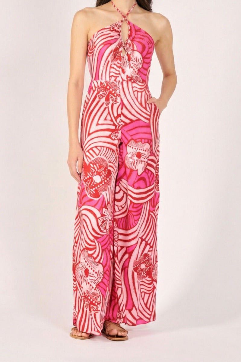 Pink viscose satin long jumpsuit Cilia by Poupette St Barth from the Long Jumpsuit Cilia Pink Japonism collection.