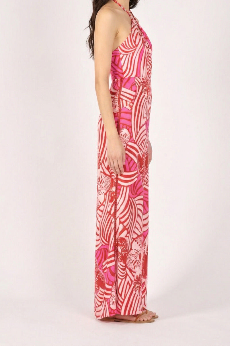 Pink satin long jumpsuit Cilia by Poupette St Barth featuring a relaxed fit and elegant design, showcased on a model.