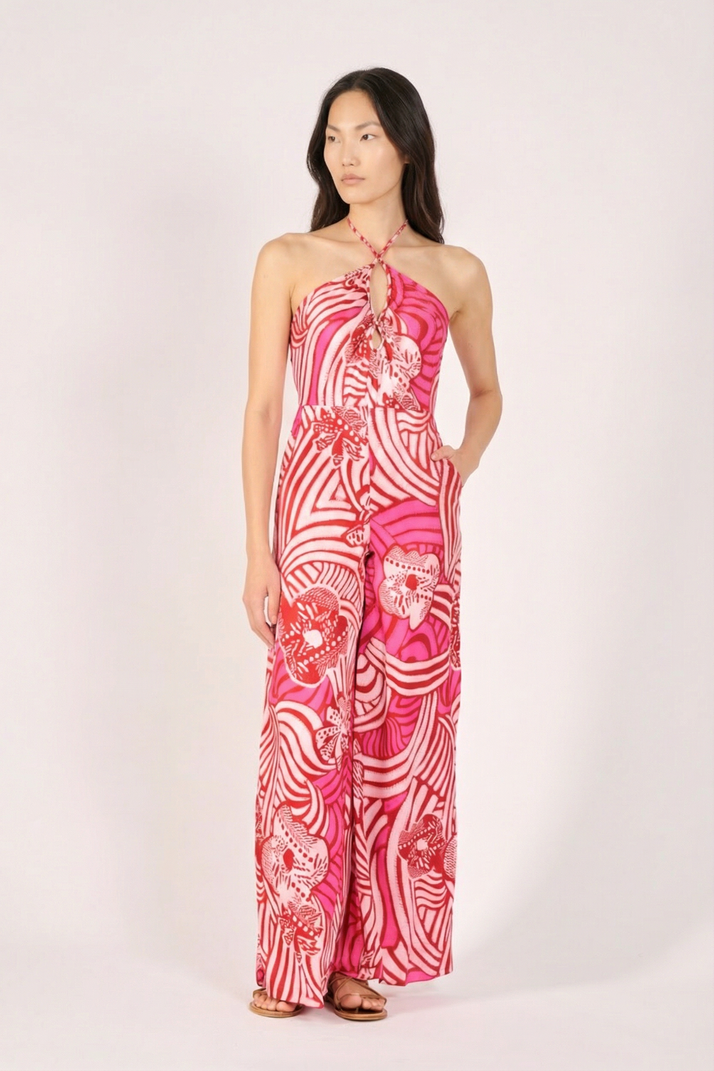 Pink Japonism jumpsuit – Long Jumpsuit Cilia by Poupette St Barth, front view