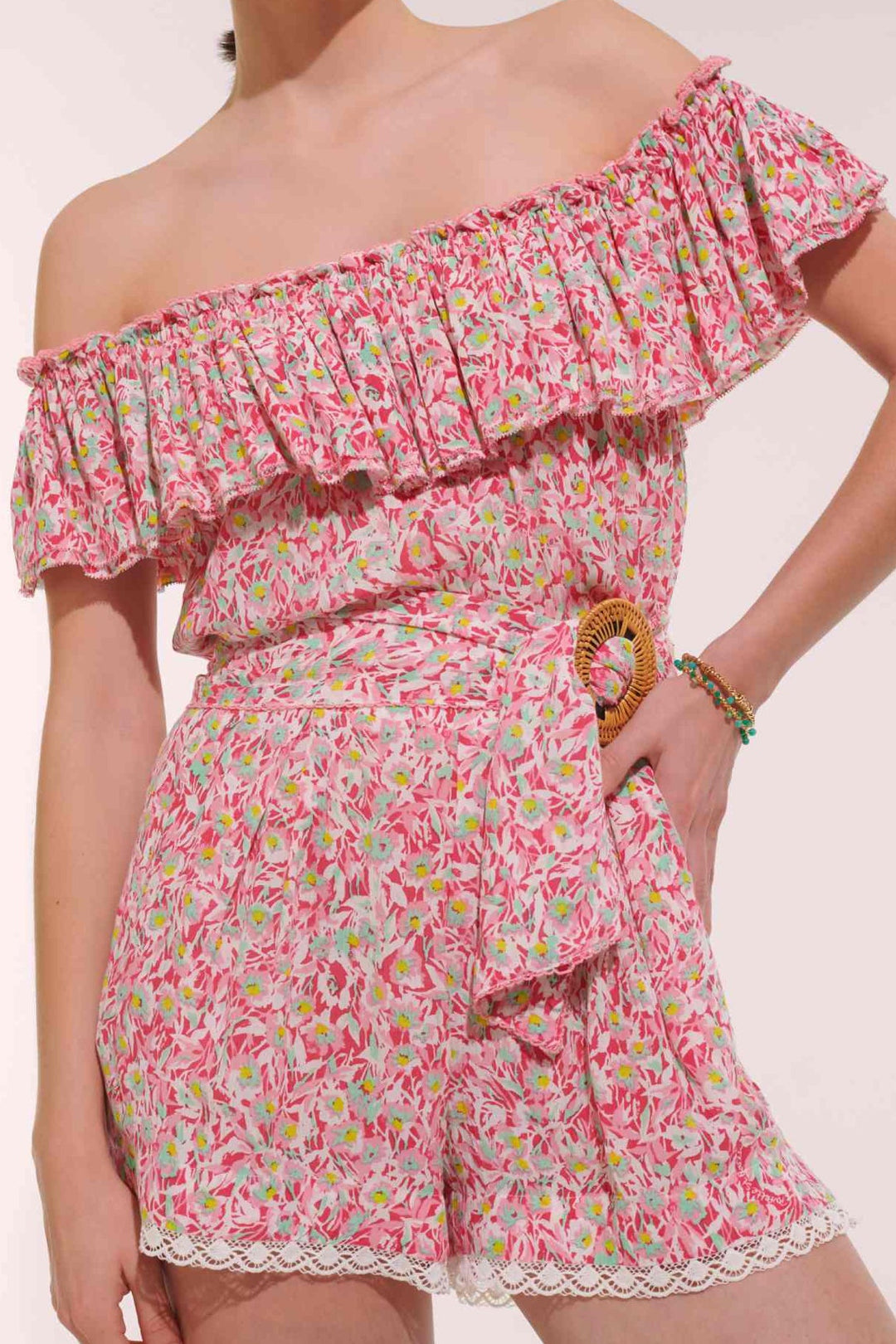 Pink Ocean Flowers jumpsuit – Short Jumpsuit Bella by Poupette St Barth, front view