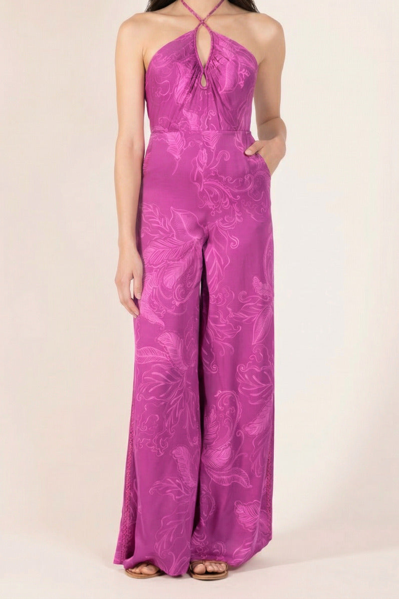 Purple Reef Long Jumpsuit Cilia by Poupette St Barth, made of silky viscose satin, featuring a sleek, elegant design.