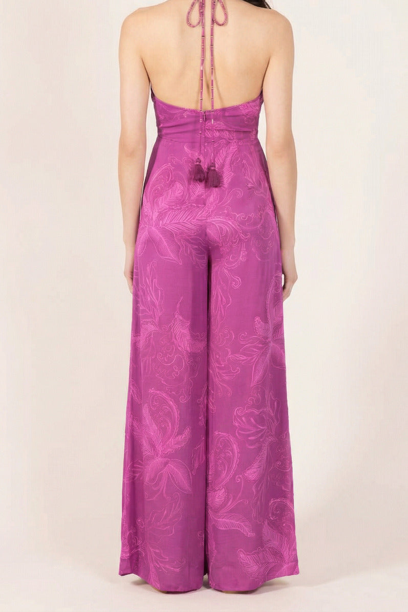 Poupette St Barth Long Jumpsuit Cilia in Purple Reef, made of viscose satin, featuring a sleek, elegant design and wide-leg silhouette.