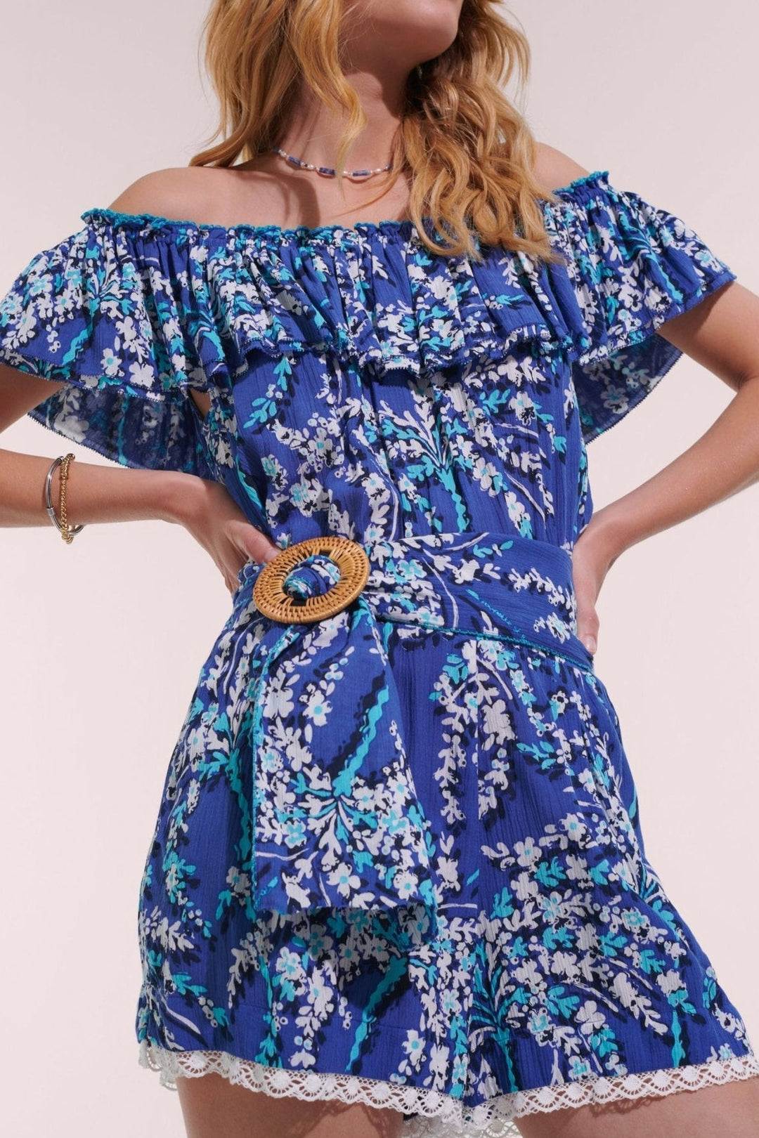 Poupette St Barth Short Jumpsuit Bella in Royal Palmery fabric, featuring a stylish, lightweight design for warm weather wear.