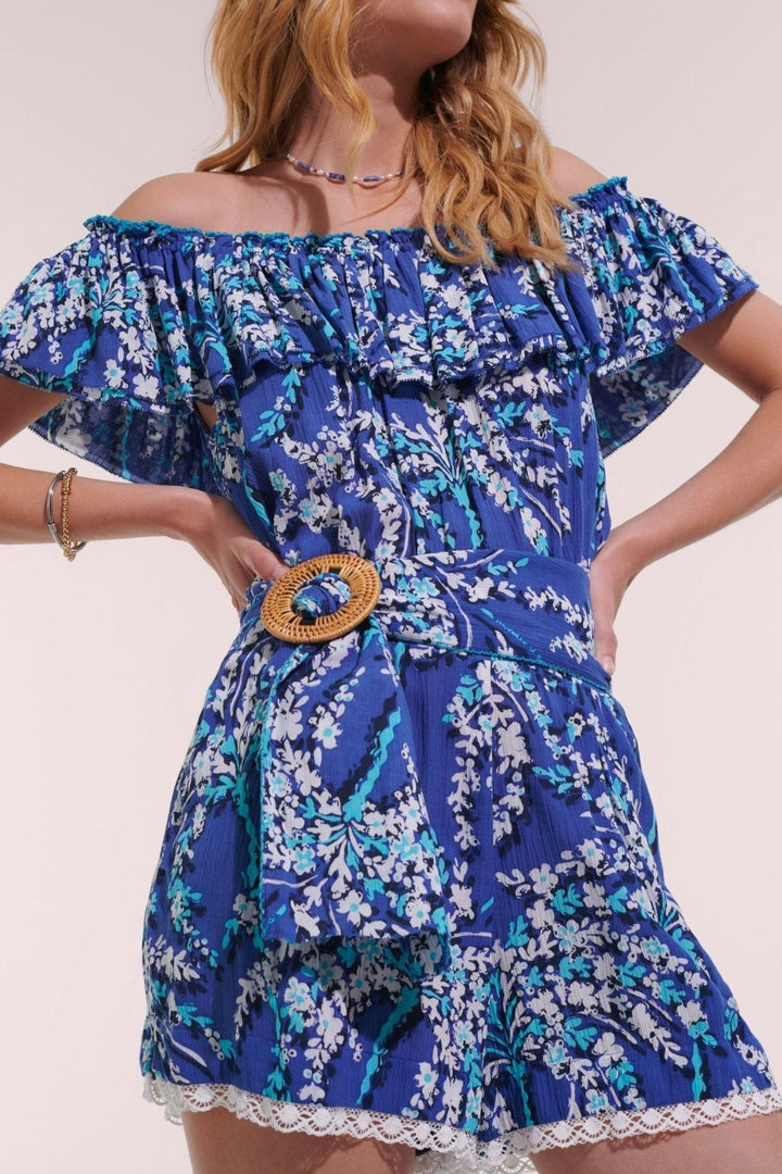 Poupette St Barth Short Jumpsuit Bella in Royal Palmery fabric, featuring a stylish, lightweight design for warm weather wear.