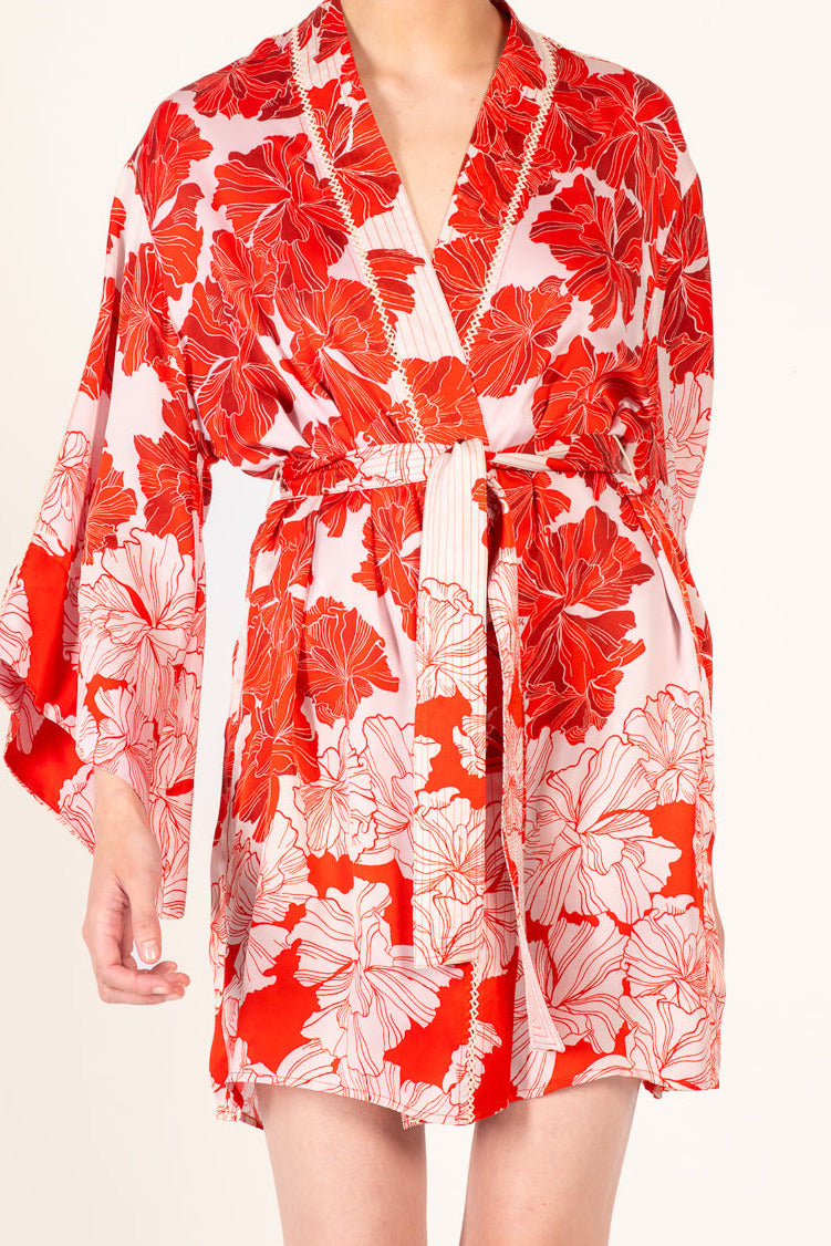 Poupette St Barth Luna red floral viscose satin kimono cover-up with flowing fabric and vibrant flower design.