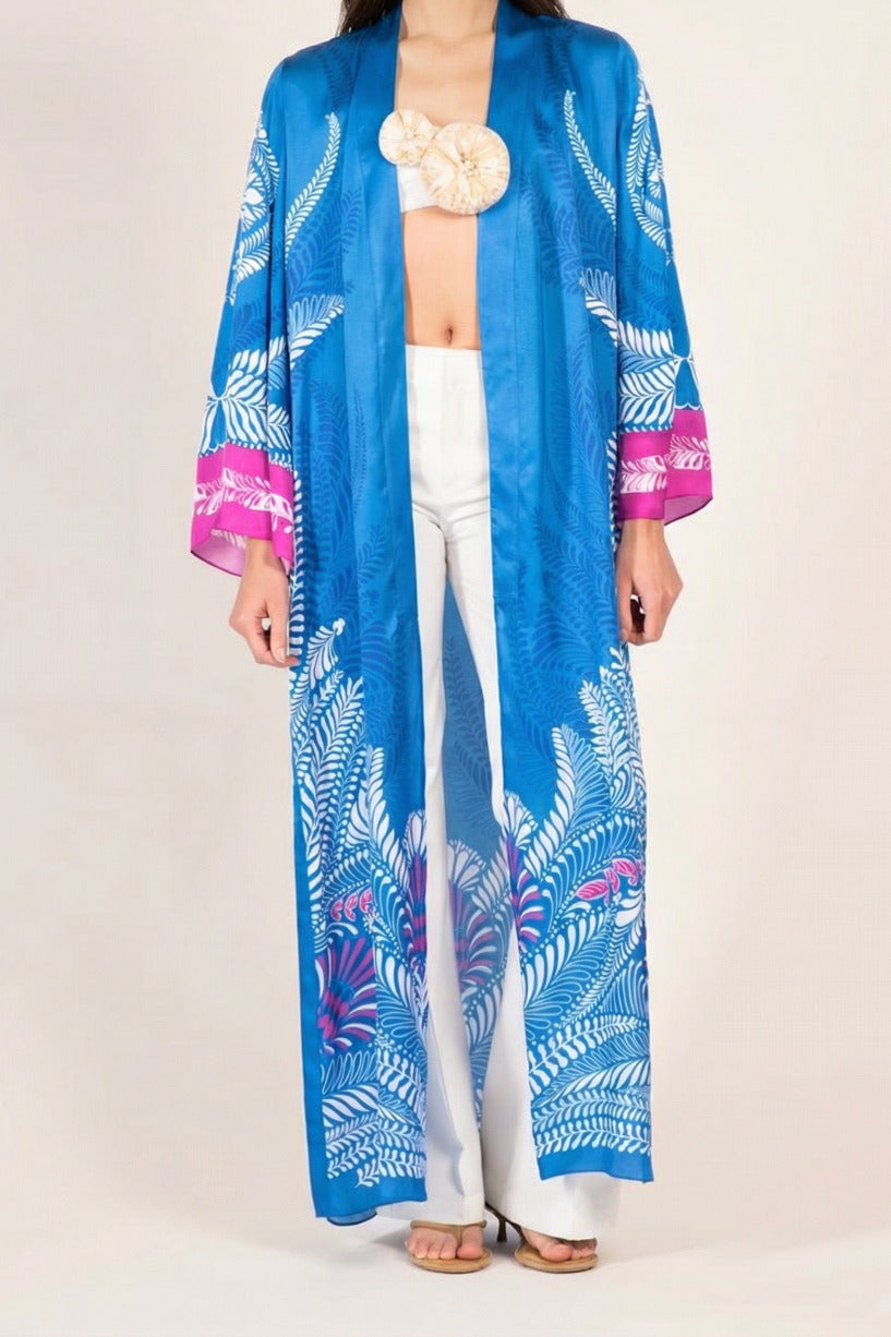 Blue Oolong satin kimono cover-up by Poupette St Barth, featuring a relaxed fit and elegant design with a silky texture.