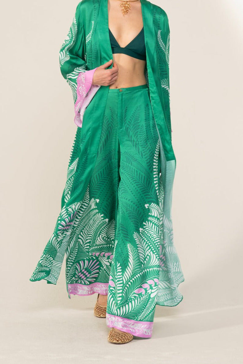 Poupette St Barth Lea green Oolong silk kimono cover-up with satin finish, lightweight and flowy, styled as a luxurious beach or lounge layer.