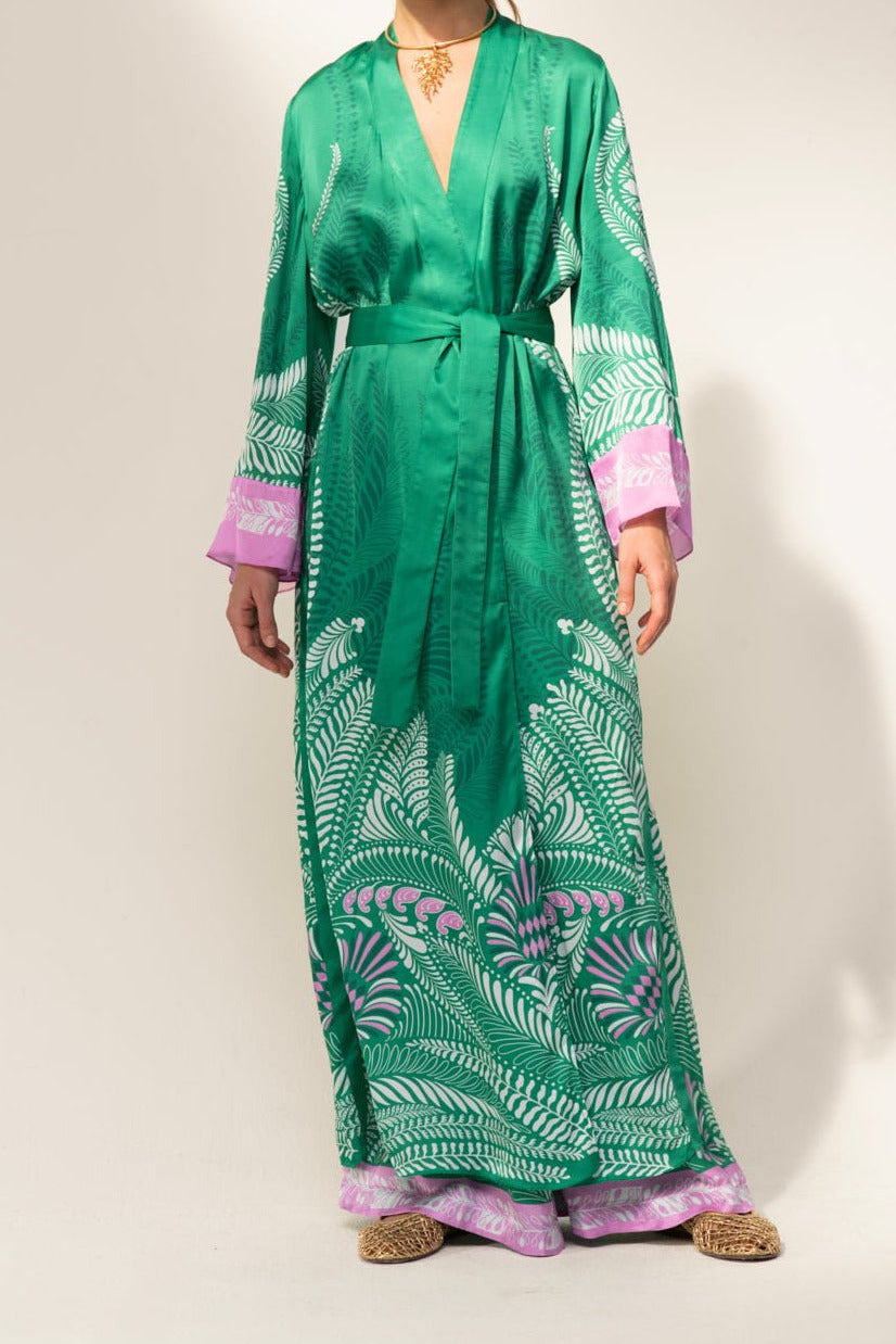 Green Oolong Kimono Lea from Poupette St Barth, silky satin cover-up with a relaxed fit and vibrant green color.