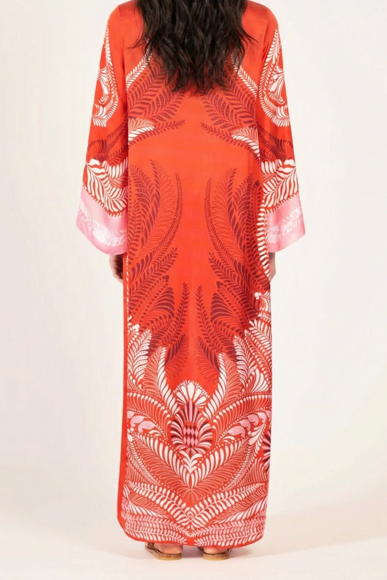 Poupette St Barth Kimono Lea in orange oolong satin cover-up with a flowing, lightweight design and vibrant color.