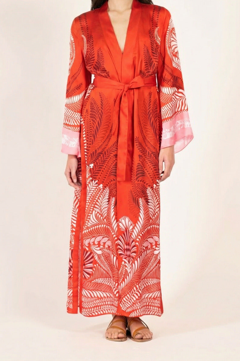 Orange Oolong Kimono Lea cover-up by Poupette St Barth, featuring silky viscose satin fabric and a relaxed, elegant fit.