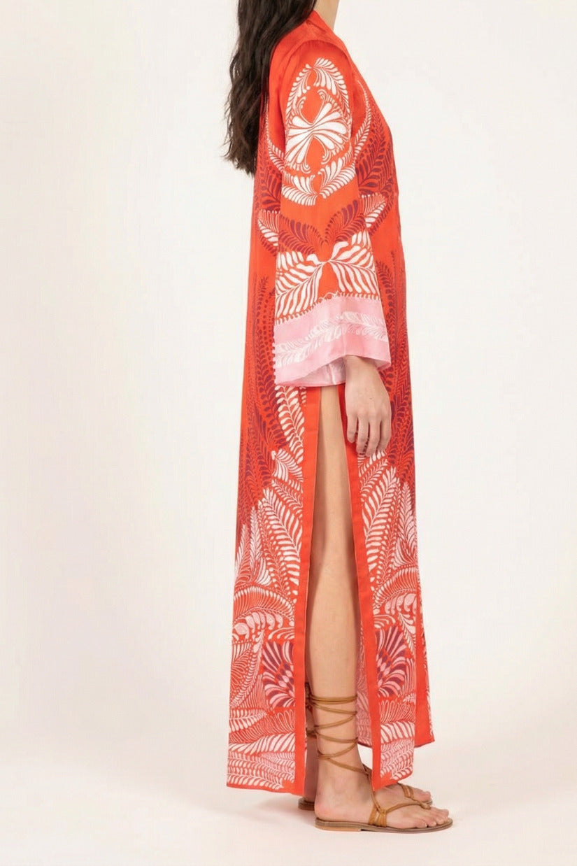 Poupette St Barth Kimono Lea in orange oolong satin cover-up with a relaxed fit and flowy design, perfect for stylish lounging.