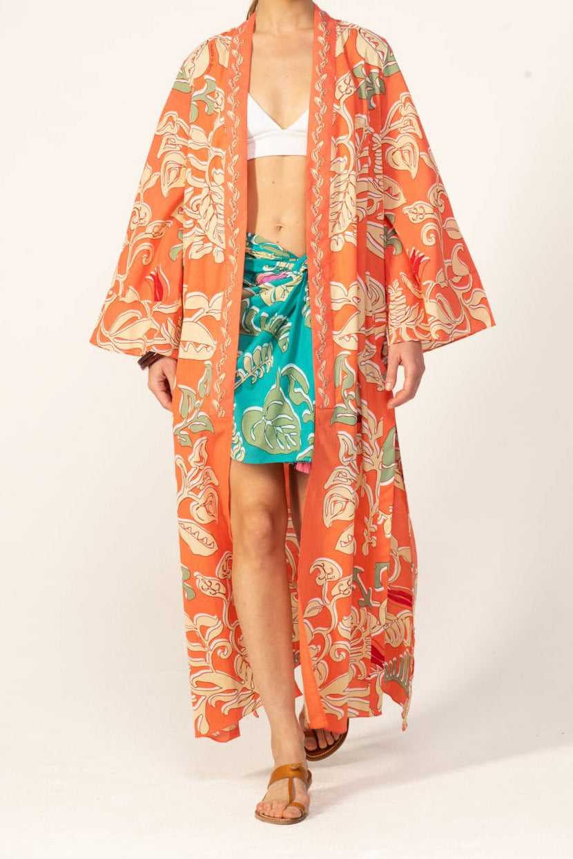 Poupette St Barth Kimono Lea in orange Ritual cotton cover-up, lightweight and stylish with wide sleeves and a relaxed fit.