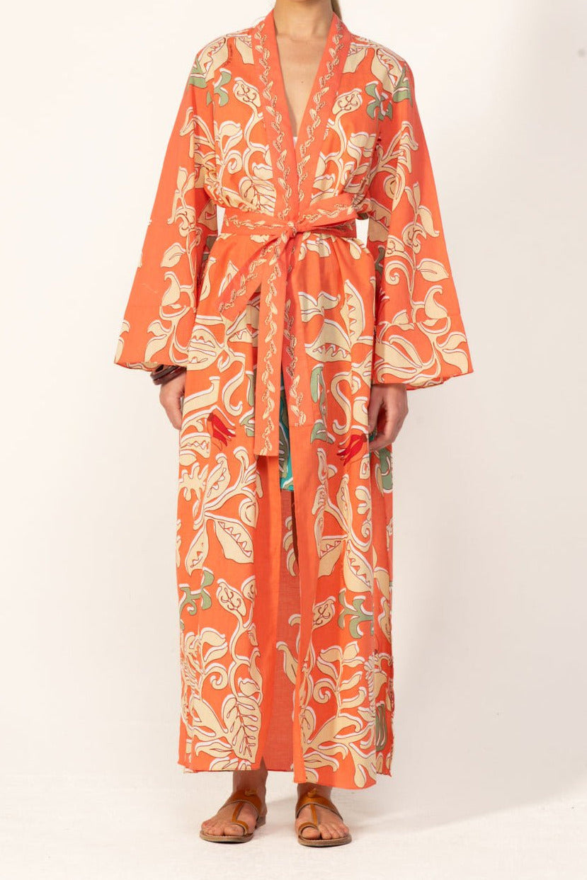 Orange cotton Kimono Lea cover-up by Poupette St Barth, featuring a relaxed fit with wide sleeves and intricate detailing.