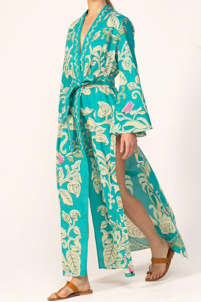 Turquoise cotton kimono cover-up named Lea from Poupette St Barth, featuring a relaxed fit and intricate detailing.